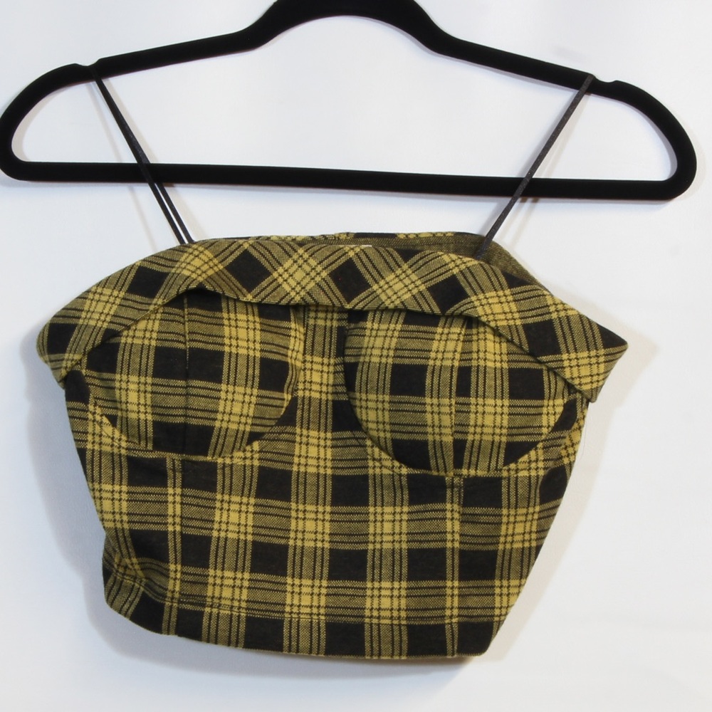 Meraki Women's Black Yellow Plaid Halter Top Size M